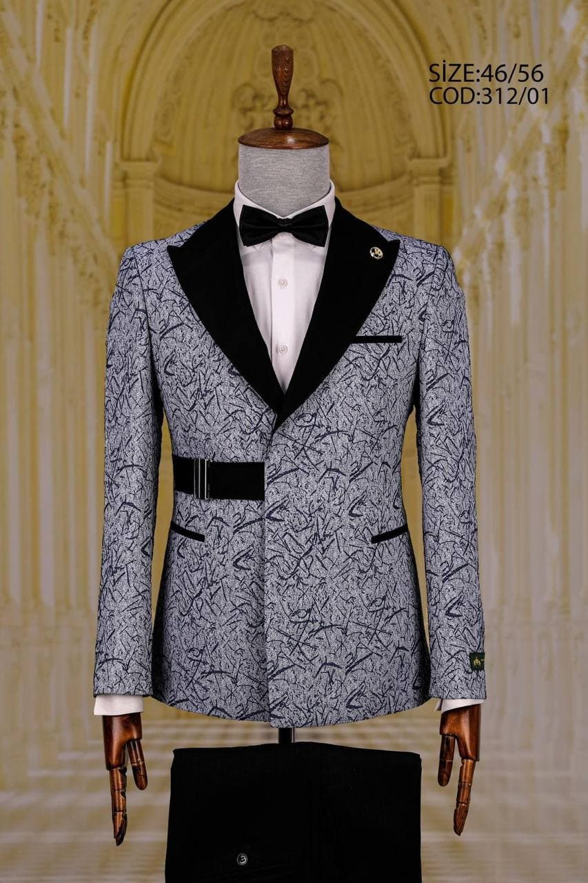 Patterned Peak Lapel Men's Tuxedo with Belt Detail